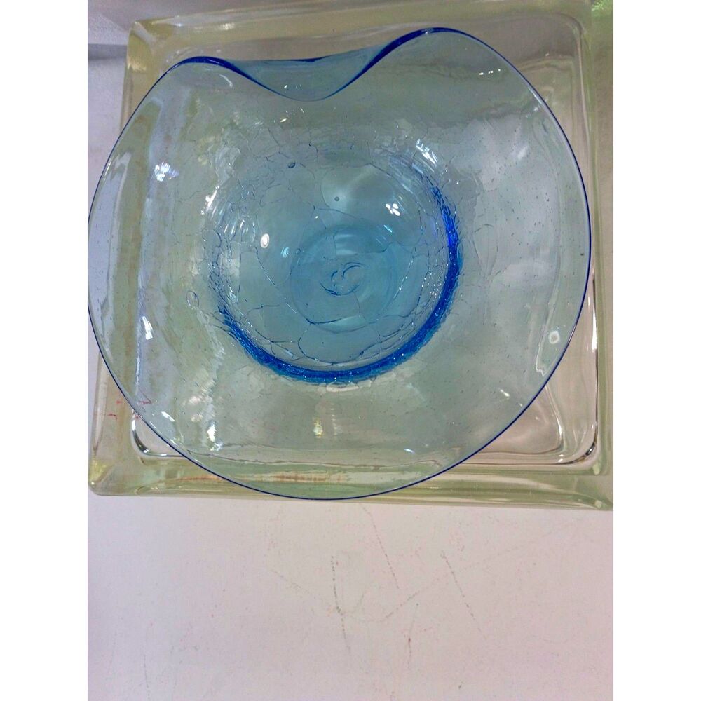 Hand-blown with a "Crackle" Ashtray Trinket Dish very delicate very light Blue